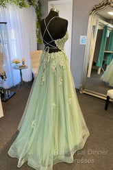 V Neck A Line Green Tulle Long Semi Formal Prom Dresses With Applique